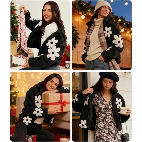 Maixang Womens Floral Print Sherpa Fleece Jackets Winter Zipper Cropped Coat - Picture 6 of 7